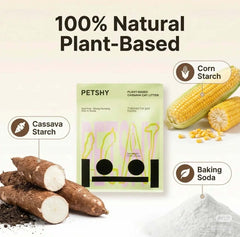 100% natural plant-based cassava cat litter with corn starch & baking soda, dust-free & clumping