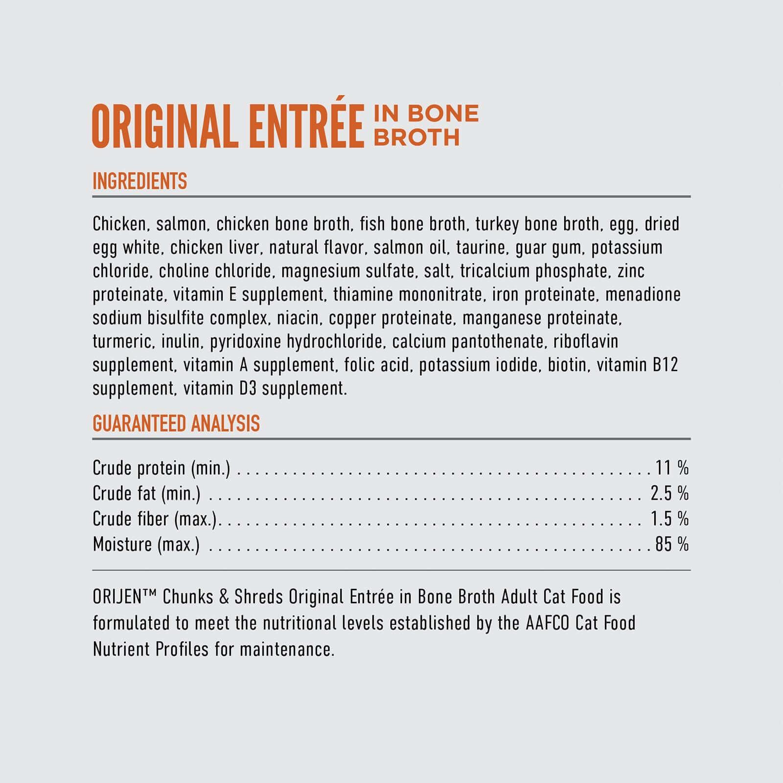 ORIJEN Original Chunks & Shreds Adult Wet Cat Food 155g ×6 ingredient list and guaranteed analysis.