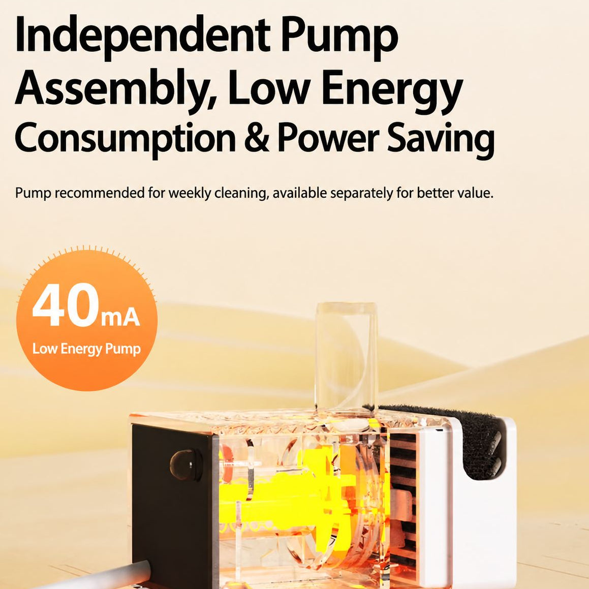 Transparent and white pump unit with a yellow internal component, accompanied by promotional text highlighting low energy consumption and a 40mA rating.