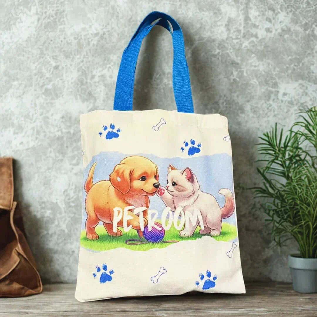 PetRoom Custom Premium Thick Canvas Tote Bag featuring playful puppy and kitten design on a canvas bag.
