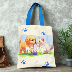 PetRoom Custom Premium Thick Canvas Tote Bag featuring playful puppy and kitten design on a canvas bag.