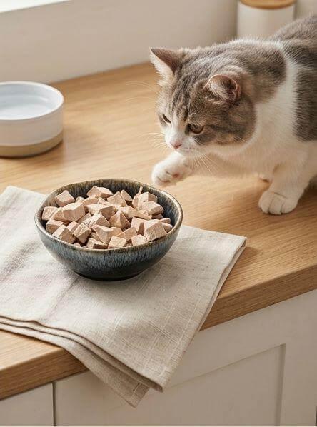 PawDry Freeze-Dried Duck Bites Pets Treats 100g in a bowl with a cat approaching on a kitchen counter.