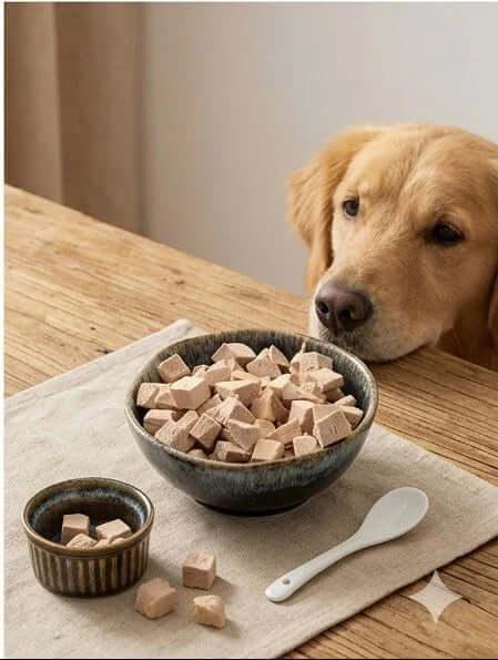 PawDry Freeze-Dried Duck Bites Pets Treats 100g in a bowl with a golden retriever dog looking at the treats.