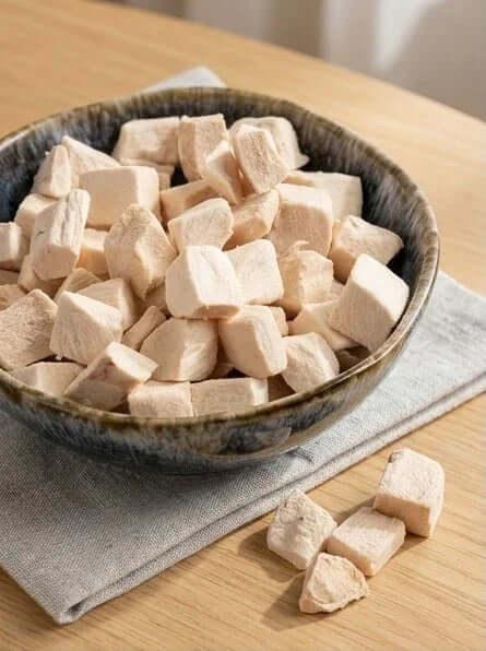 PawDry Freeze-Dried Chicken Bites Pets Treat 100g displayed in a bowl on a wooden table.