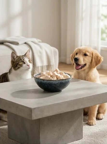 PawDry Freeze-Dried Chicken Bites Pets Treat 100g in a bowl with a cat and dog watching eagerly.