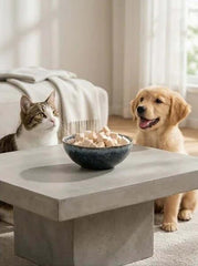 PawDry Freeze-Dried Chicken Bites Pets Treat 100g in a bowl with a cat and dog watching eagerly.