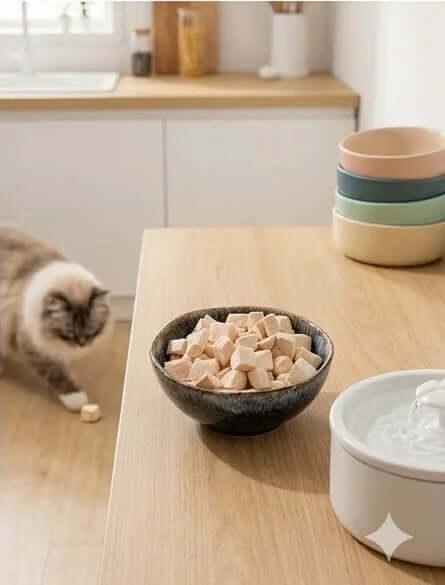 PawDry Freeze-Dried Chicken Bites Pets Treat 100g displayed in a bowl with a playful cat in the background.
