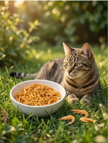 A cat relaxing outdoors next to a bowl of PawDry Freeze-Dried Antarctic Krill 100g, enjoying a savory treat.
