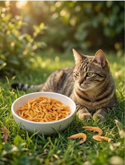 A cat relaxing outdoors next to a bowl of PawDry Freeze-Dried Antarctic Krill 100g, enjoying a savory treat.