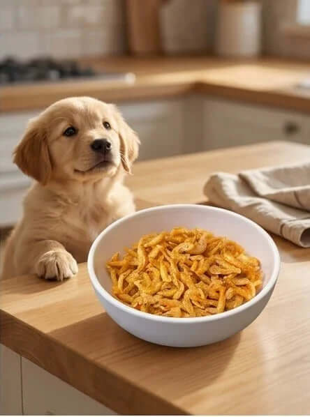 PawDry Freeze-Dried Antarctic Krill 100g in a bowl with a golden retriever puppy looking expectantly.