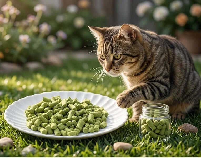 PawDry Freeze-Dried Cat Grass Bites 100g, cat enjoying high-fiber treats outdoors, supporting digestive health.