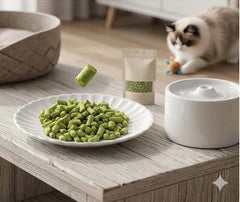 PawDry Freeze-Dried Cat Grass Bites 100g on a plate with cat in background, promoting digestive health and hairball control.