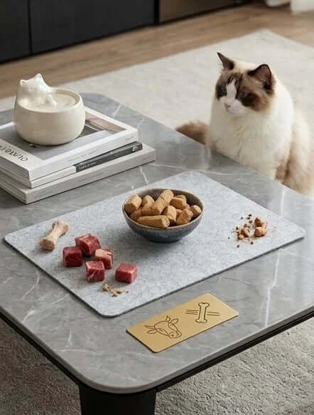 PawDry Freeze-Dried Beef Raw Meaty Bone (RMB) 100g served on a stylish table with a curious cat.