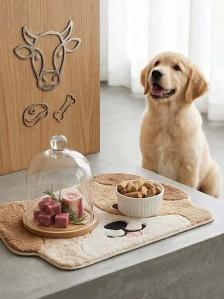 PawDry Freeze-Dried Beef Raw Meaty Bone (RMB) 100g served on a pet mat with treats, featuring a happy golden retriever.