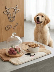 PawDry Freeze-Dried Beef Raw Meaty Bone (RMB) 100g served on a pet mat with treats, featuring a happy golden retriever.
