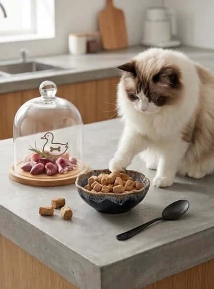 Cat enjoying PawDry Freeze-Dried Duck Raw Meaty Bone (RMB) 100g treat from a bowl on a kitchen countertop.