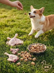 Dog enjoying PawDry Freeze-Dried Duck Raw Meaty Bone (RMB) 100g treat in a grassy outdoor setting.