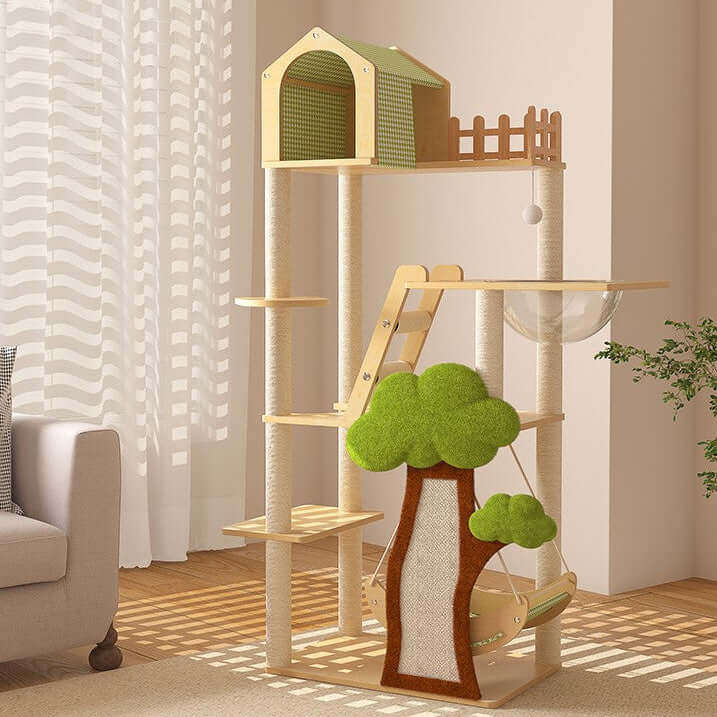 148cm Tall Forest Tree House Cat Tree for Large Cats Deluxe Edition-7 Level Tower with Space Capsule & House