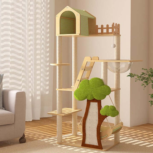 148cm Tall Forest Tree House Cat Tree for Large Cats Deluxe Edition-7 Level Tower with Space Capsule & House