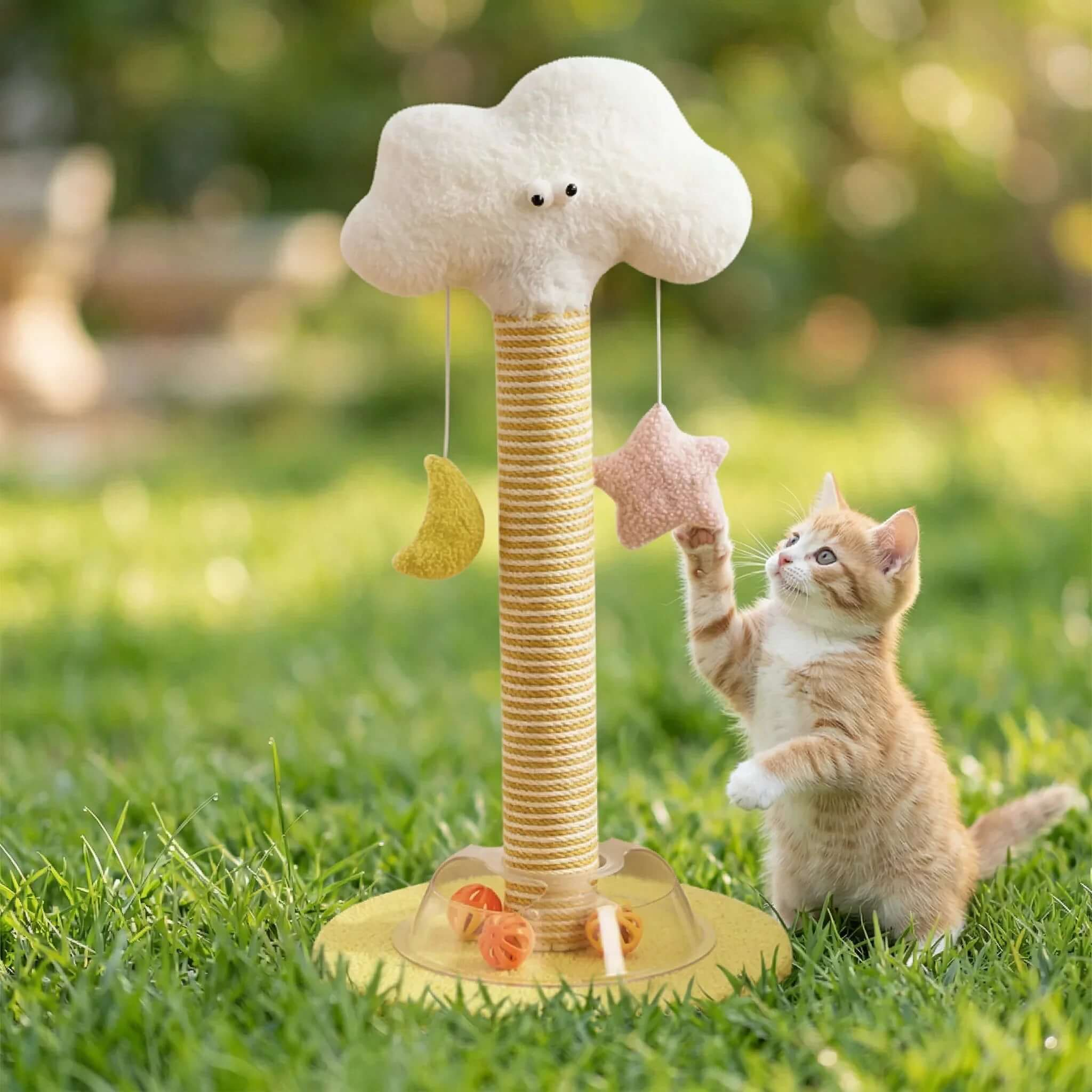 Cute ginger kitten playing with cloud-shaped cat scratching post and hanging star moon toys on grass