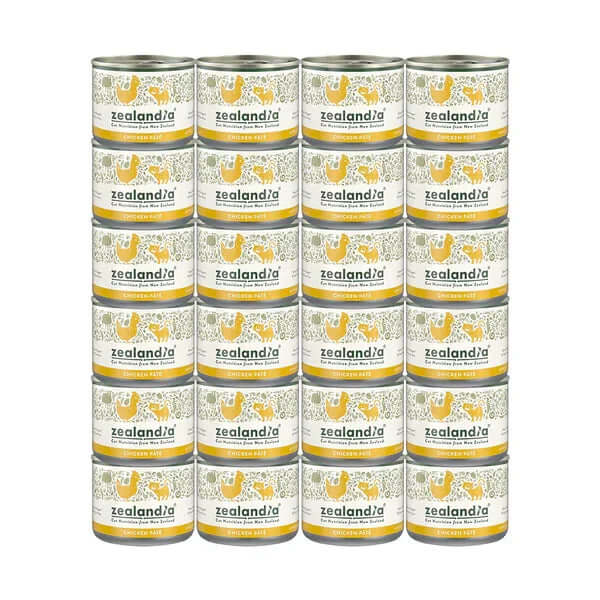 Zealandia Mousse Pate Chicken Kitten & Mama Cat Can 170g stacked cans in a pet food display.