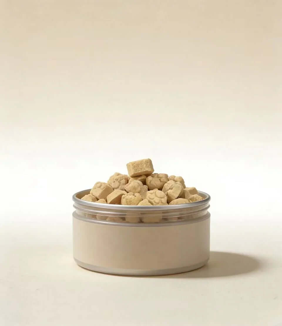 PawDry Freeze-Dried Goat Milk - Paw Shape Treats (100g) in a container, nutrient-dense cat snacks.