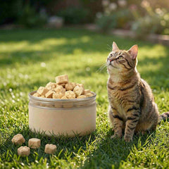 PawDry Freeze-Dried Goat Milk - Paw Shape Treats (100g) with a cat in a grassy field.