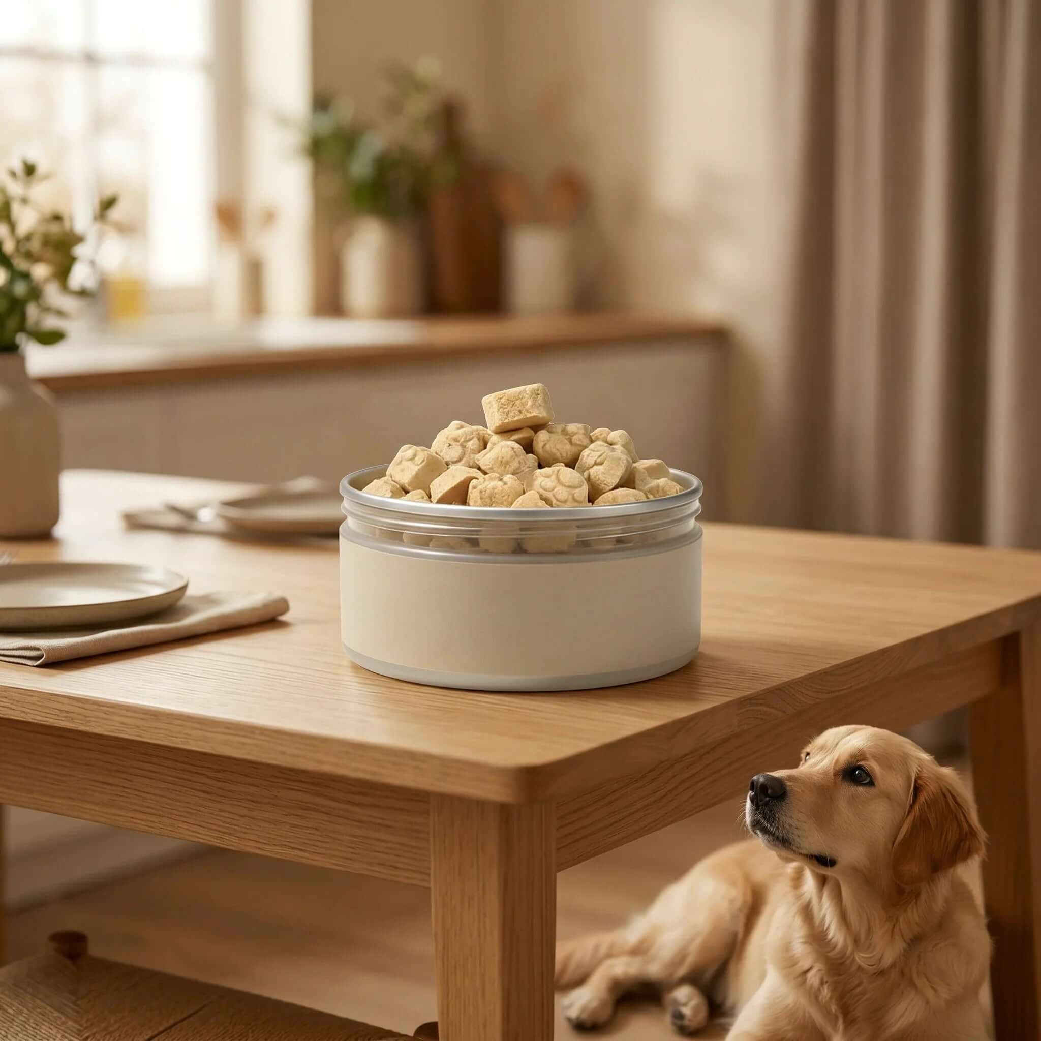 PawDry Freeze-Dried Goat Milk - Paw Shape Treats (100g) in a container on a table with a dog nearby.