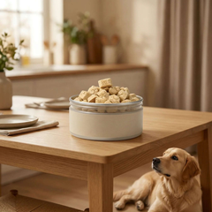 PawDry Freeze-Dried Goat Milk - Paw Shape Treats (100g) in a container on a table with a dog nearby.