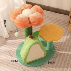 Floral cat tree with orange flower perch, green base, and yellow platform, 48cm tall, for cats to climb and scratch.