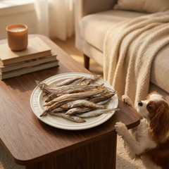 PawDry Freeze-Dried Whole Capelin 100g - Lean & High Protein on a plate with a dog looking at it.