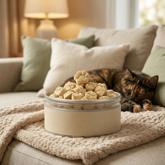 PawDry Freeze-Dried Goat Milk - Paw Shape Treats (100g) in a container with a relaxed cat on the couch.