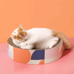 Petshy Cat Scratcher Board XL with a cozy cat lounging on its surface, showcasing a modern design and durable build.