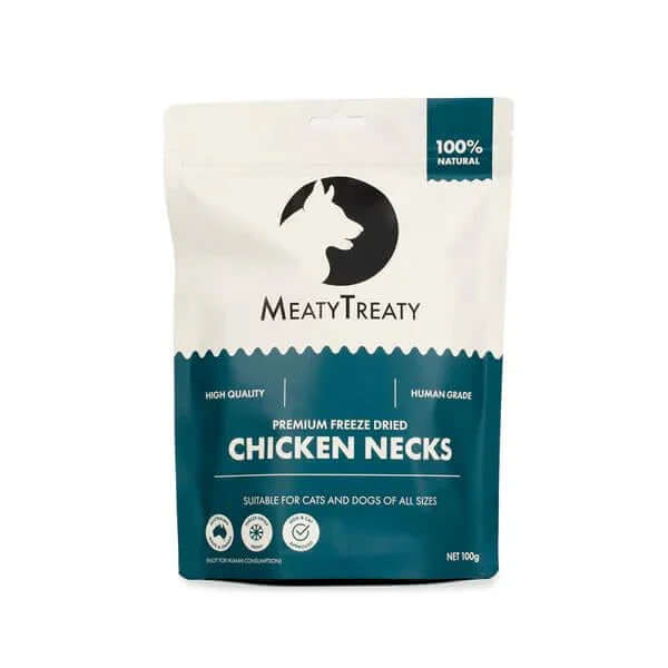 Meaty Treaty Freeze Dried Chicken Neck Healthy Australia Dogs & Cats Treats 100g packaging, showing premium quality dog treats.