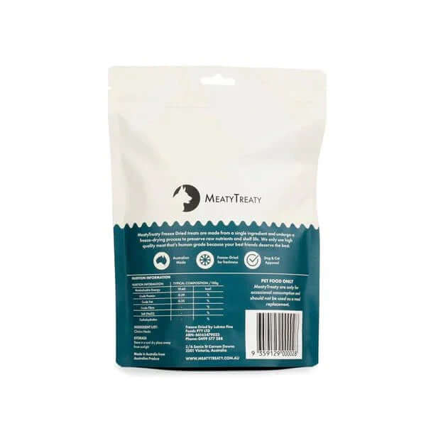 Meaty Treaty Freeze Dried Chicken Neck Healthy Australia Dogs & Cats Treats 100g packaging back view with nutritional information.