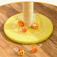 Yellow cat scratching post base with orange ball toys and clear track for interactive play