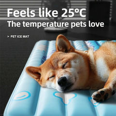 Summer Self-Cooling Gel Pad & Cooling mat for Dogs & Cats with a sleeping dog on a comfortable ice mat.