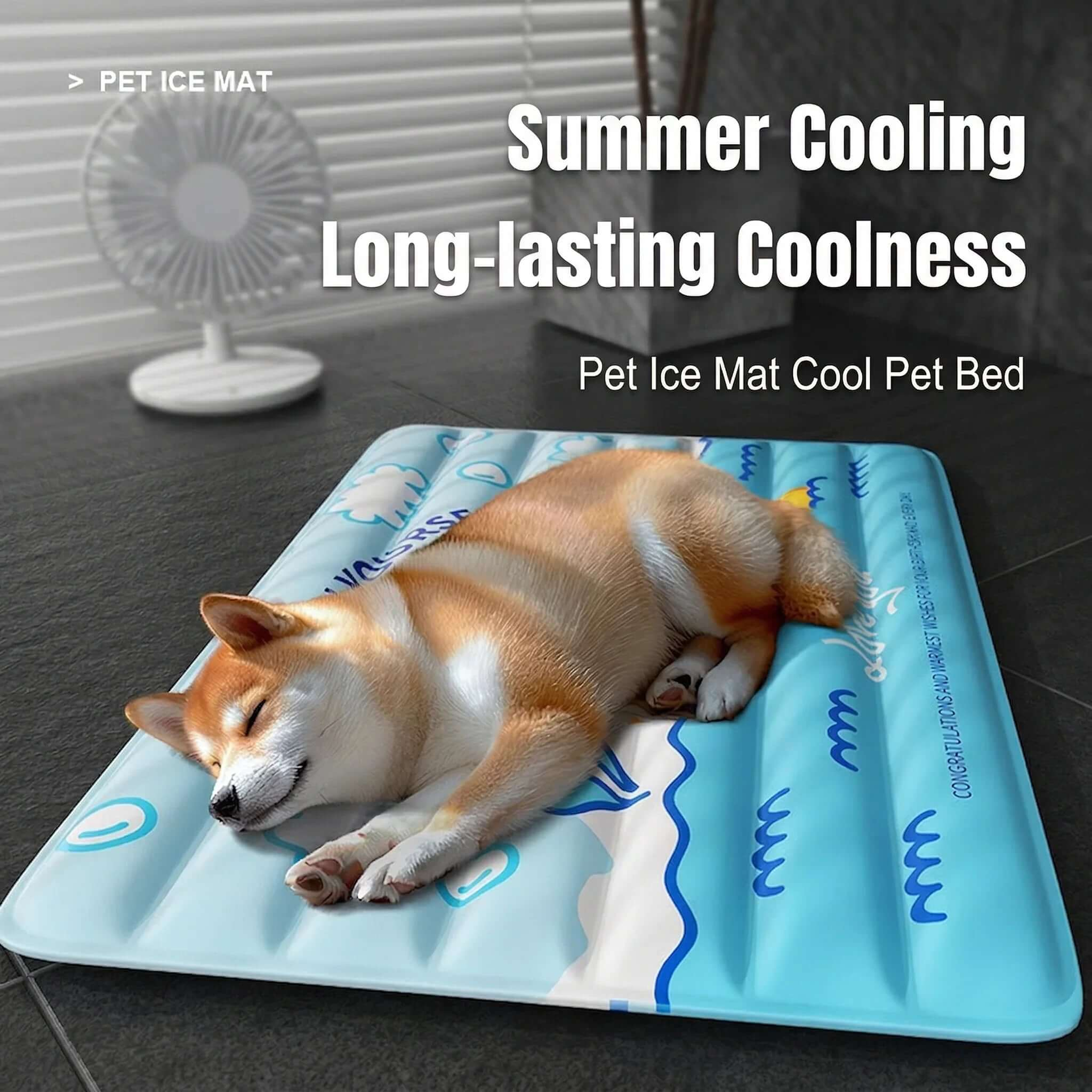 Summer Self-Cooling Gel Pad & Cooling mat for Dogs & Cats on a blue mat with a dog sleeping comfortably.