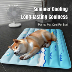 Summer Self-Cooling Gel Pad & Cooling mat for Dogs & Cats on a blue mat with a dog sleeping comfortably.