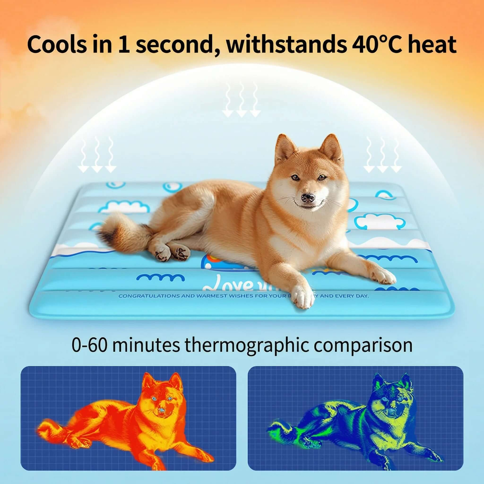 Summer Self-Cooling Gel Pad & Cooling mat for Dogs & Cats, with dog on a blue cooling mat absorbing heat.