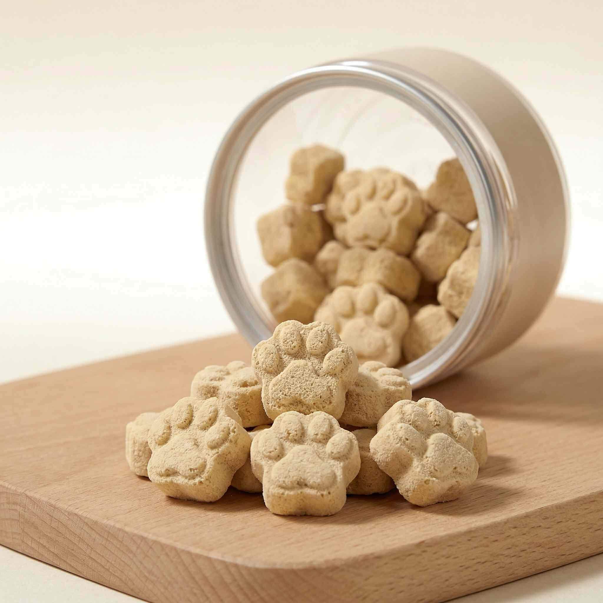 PawDry Freeze-Dried Goat Milk - Paw Shape Treats (100g) in a jar, nutrient-dense snacks for cats and dogs.