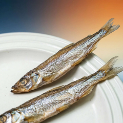 PawDry Freeze-Dried Whole Capelin 100g - Lean & High Protein lays on a plate, showcasing a natural cat treat.