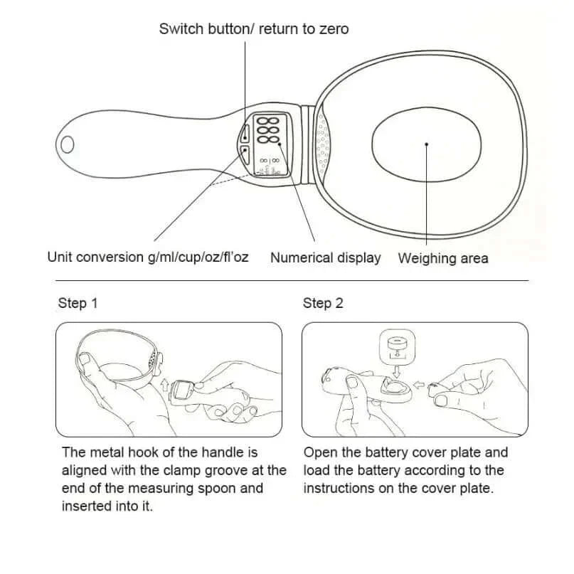 Digital pet food scale with unit conversion, numerical display, and battery setup instructions