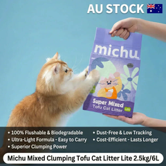 Fluffy ginger cat reaching for Michu Super Mixed Tofu Cat Litter Lite bag, AU stock, dust-free & biodegradable