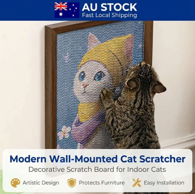 Modern wall-mounted cat scratcher with artistic design, featuring a tabby cat using decorative scratch board for indoor cats.