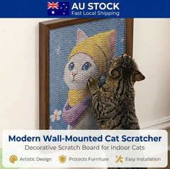 Modern wall-mounted cat scratcher with artistic design, featuring a tabby cat using decorative scratch board for indoor cats.