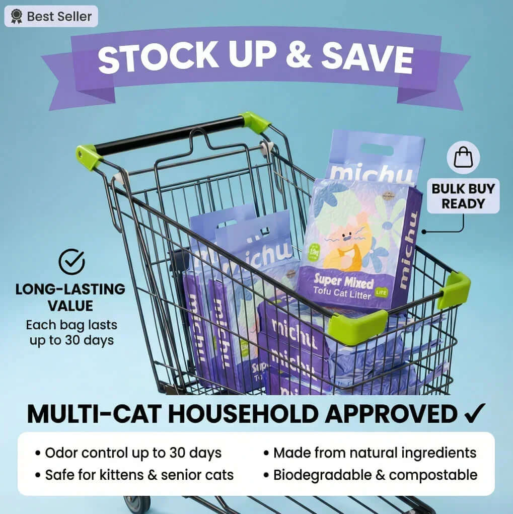 Michu Super Mixed Tofu Cat Litter in shopping cart, bulk buy ready for multi-cat households, odor control up to 30 days