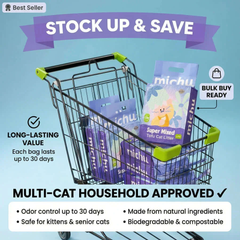 Michu Super Mixed Tofu Cat Litter in shopping cart, bulk buy ready for multi-cat households, odor control up to 30 days