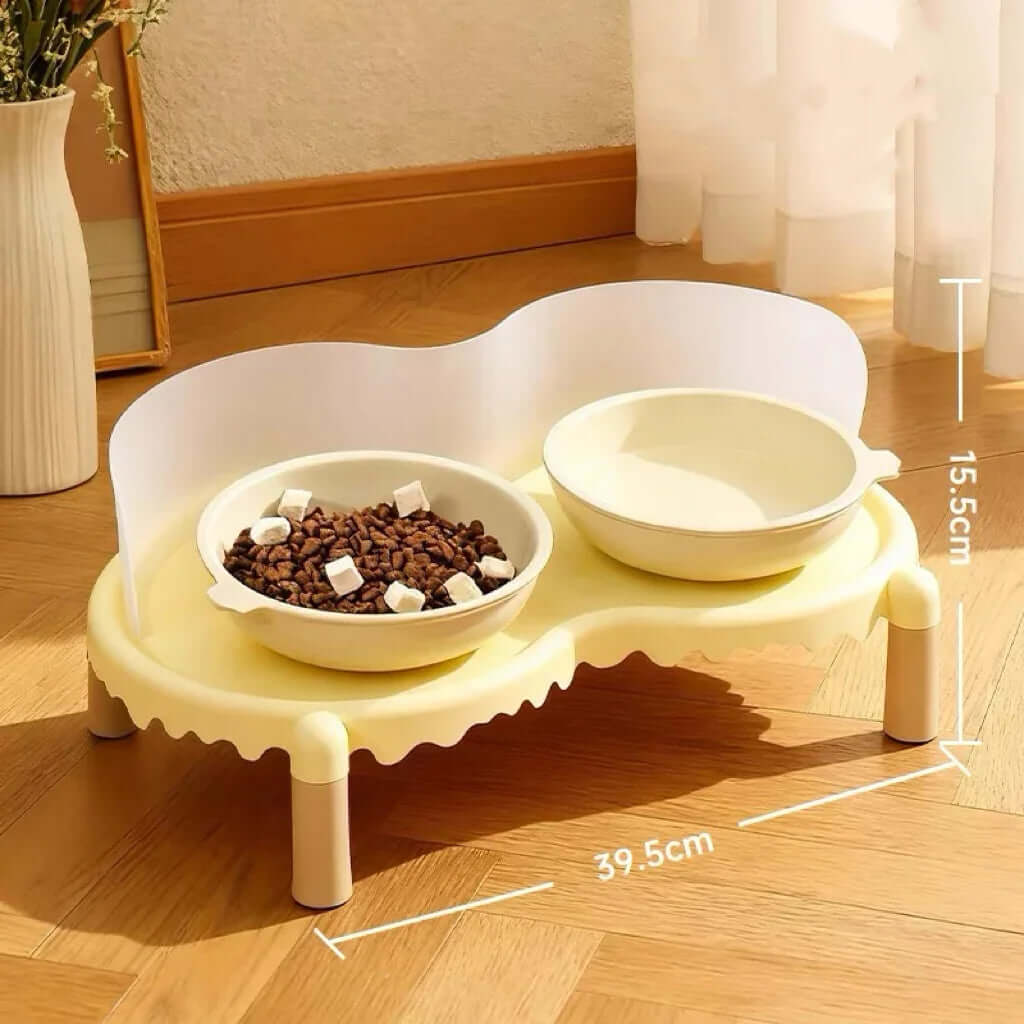 Elevated pet feeder with two bowls for cat or dog food and water, stylish design on wooden floor
