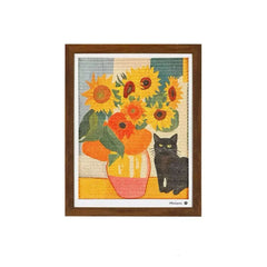 Framed needlepoint art with black cat, sunflowers, and poppies in vase, stylish pet decor for cat lovers